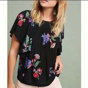 Anthropologie Maeve black flowered batwing blouse size Medium